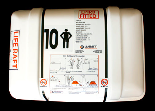 Life raft container with safety instructions and branding on a black background